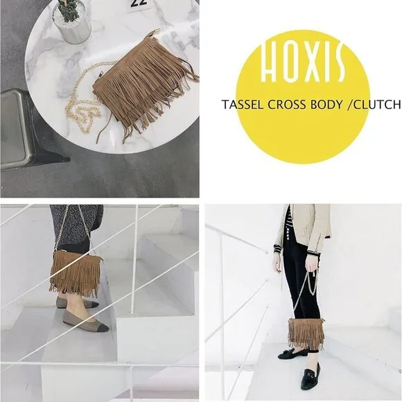 Fringe Cross Body Bag Faux Leather Suede Small Shoulder Wristlet - Picture 7 of 7